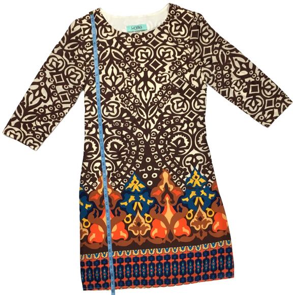 Karlie Shift Dress 3/4 Sleeve Geometric Mixed Print Women's S Brown Orange Blue - Picture 6 of 9